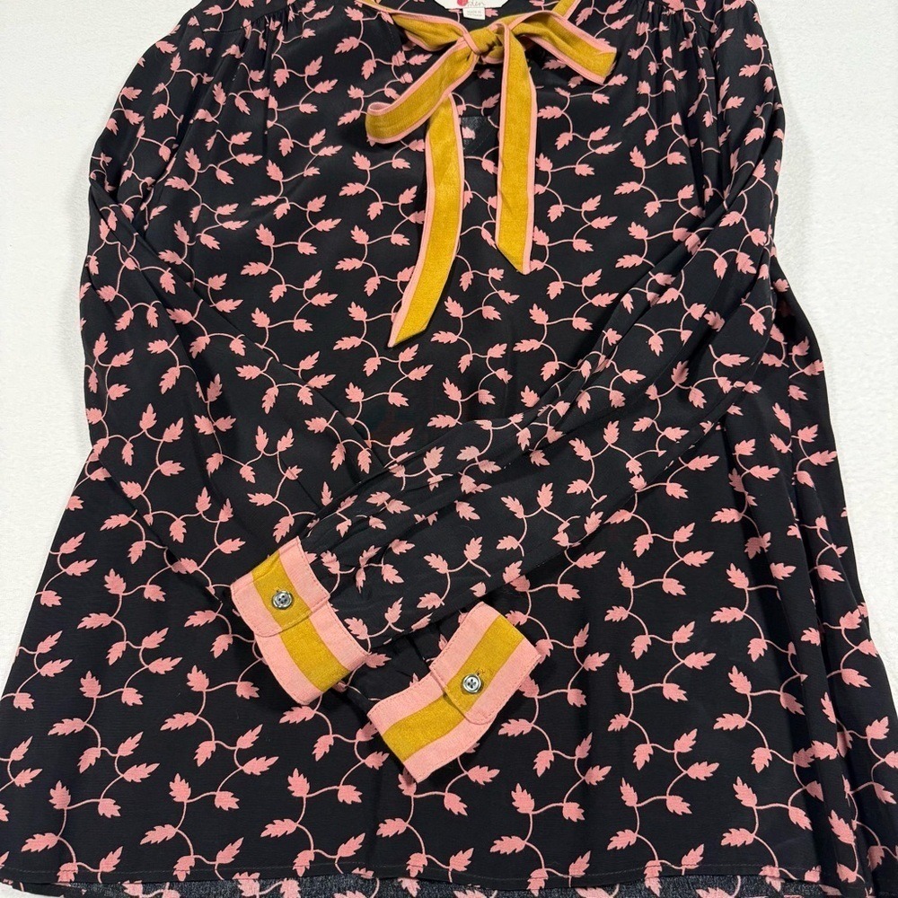 Boden Navy Pink Leaf Print‎ Tie Neck Blouse Long Sleeve RILEY US 8 - Picture 5 of 10